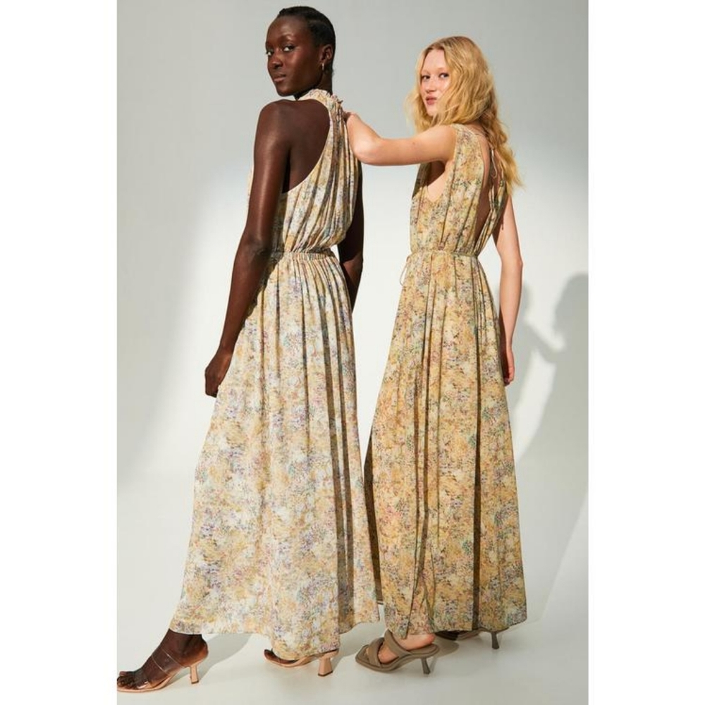 H&M Halterneck Chiffon Maxi Dress Light Yellow Floral Print Medium